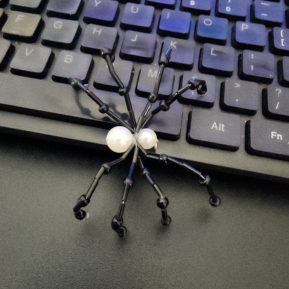 Hand Crafted Black Beaded Spider with Seed Beads And Faux Pearls